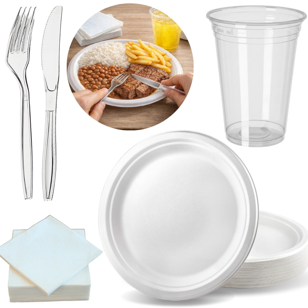 Kit Descartáveis Para Churrasco 50 Prato De Isopor 23cm Copo 300ml Garfo Faca Refeição Guardanapos