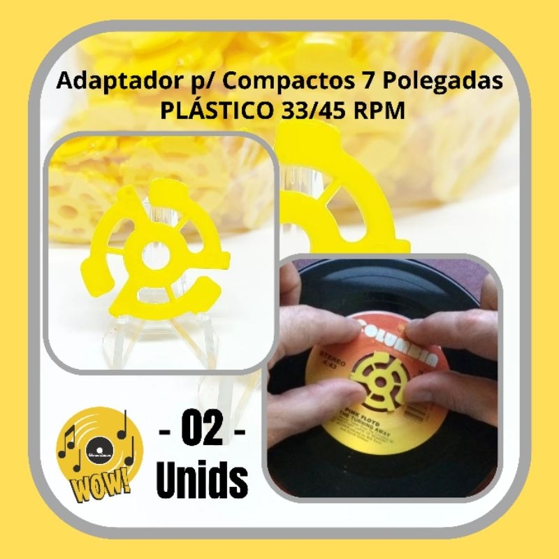 PAR (02 unids) Adaptador para Compactos 7 Polegadas Plástico 33/45 RPM AMARELO / YELLOW