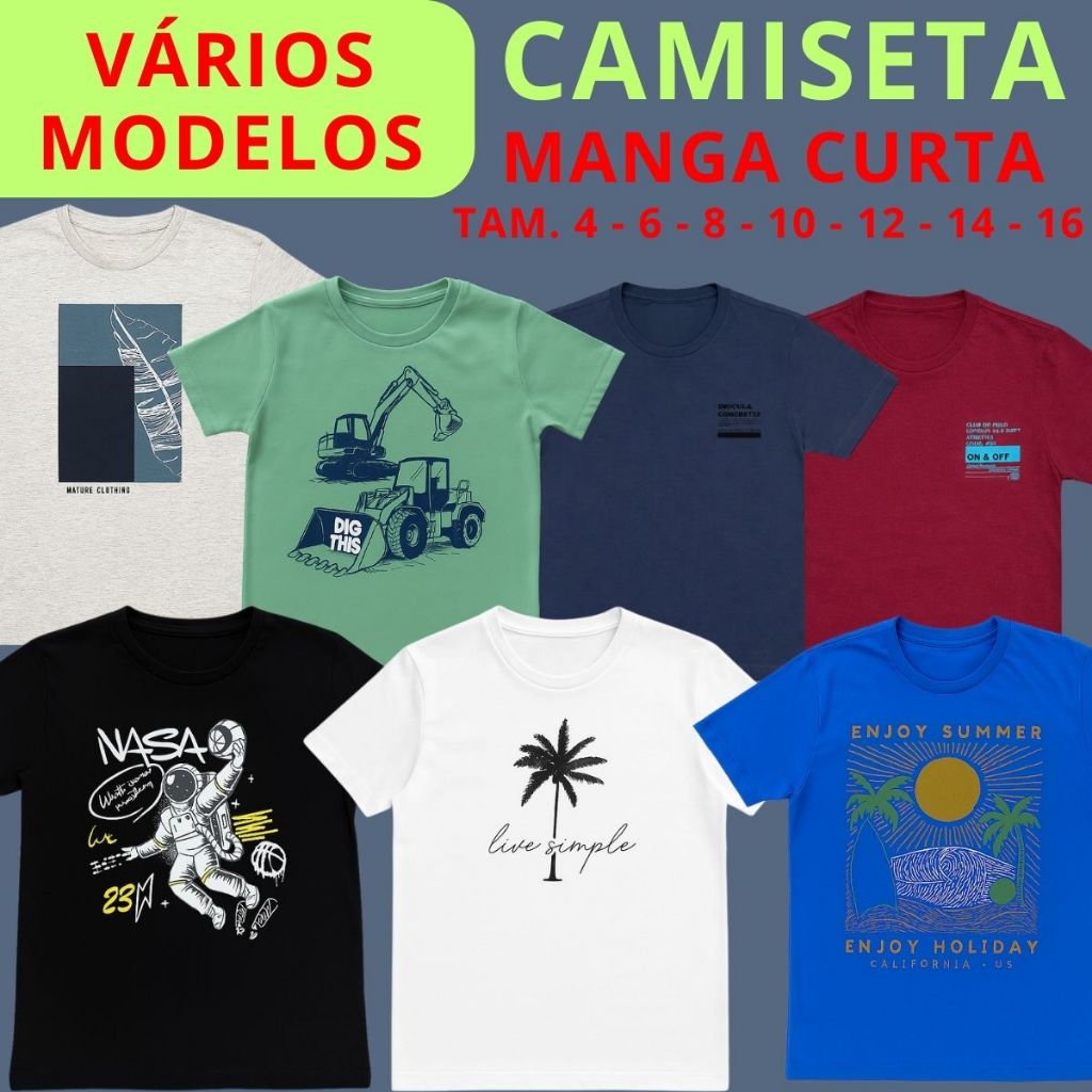 Camiseta Infantil Roupa Juvenil Menino 100% Algodão Manga Curta Varias Estampas 3218-C1