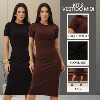 Kit 2 Vestido Canelado Midi Básico Trabalho Evangélica Casual Social Vestido Igreja Casamento em Oferta na Shopee
