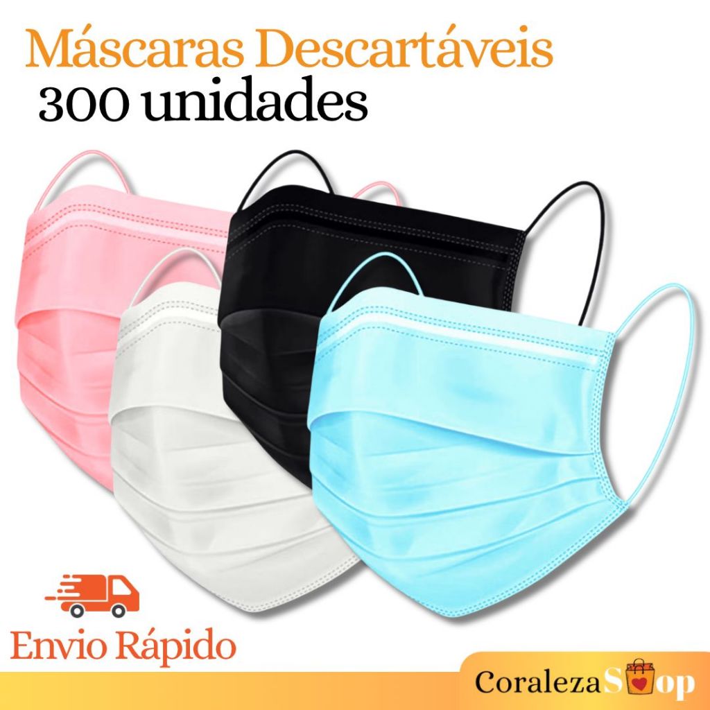 Kit 300 Máscara Descartável Tripla Camada - c/ Clipe Nasal | Diversas Cores em Oferta na Shopee