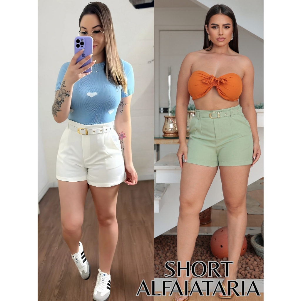 Short Alfaiataria Feminino Social Cintura Alta Com Ziper Na Lateral P M G GG em Oferta na Shopee
