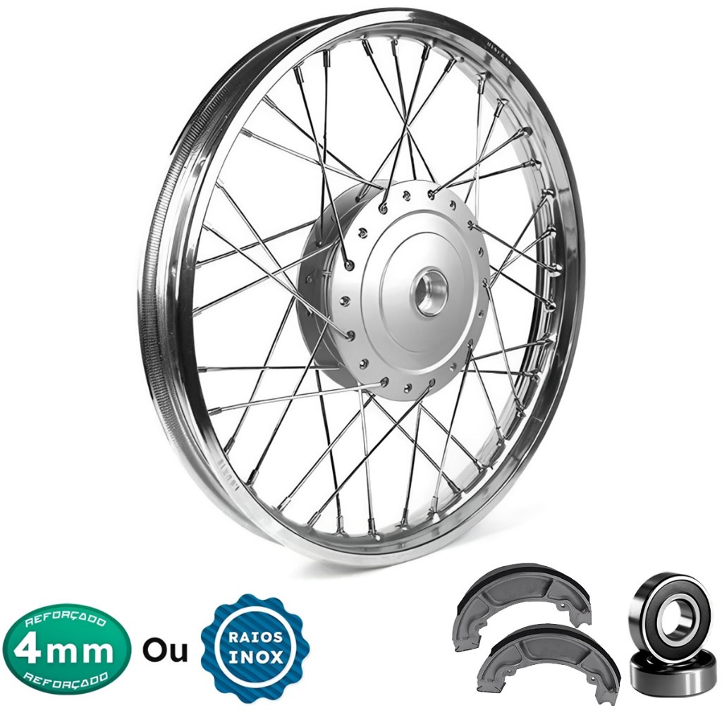 Roda Dianteira Raiada 4mm ou Inox Titan 150 04-13 Fan 125 09-17 C/Rolamentos+Lonas
