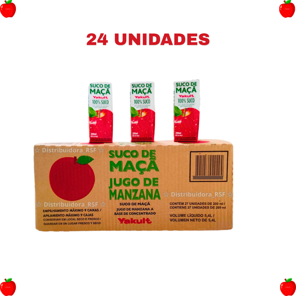 Caixa com 24 Unidades Suco de Maçã Yakult 100% Natural Sem Açúcar, Conservantes e Glúten