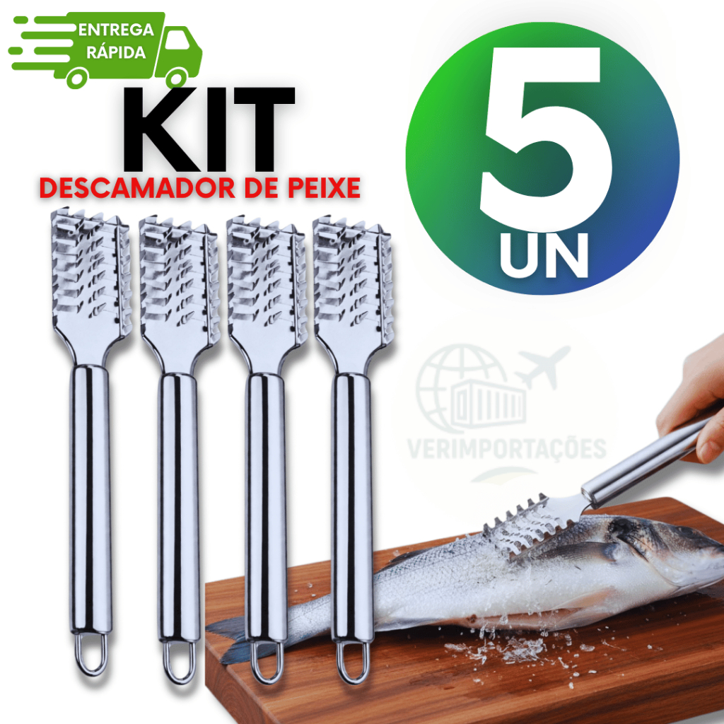 Kit 5 Descamador Descascador Removedor de Escama de Peixe Aço Inox Cozinha Profissional 19cm Premium