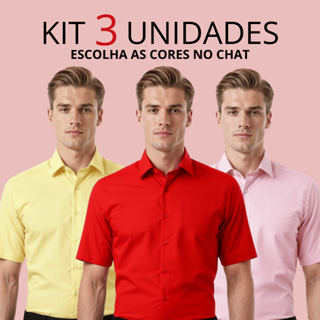 Kit 3 Camisa Social Masculino Manga Curta Slim Fit Blusa Masculina Social Com Algodão Camiseta Social Sem Bolso em Oferta na Shopee