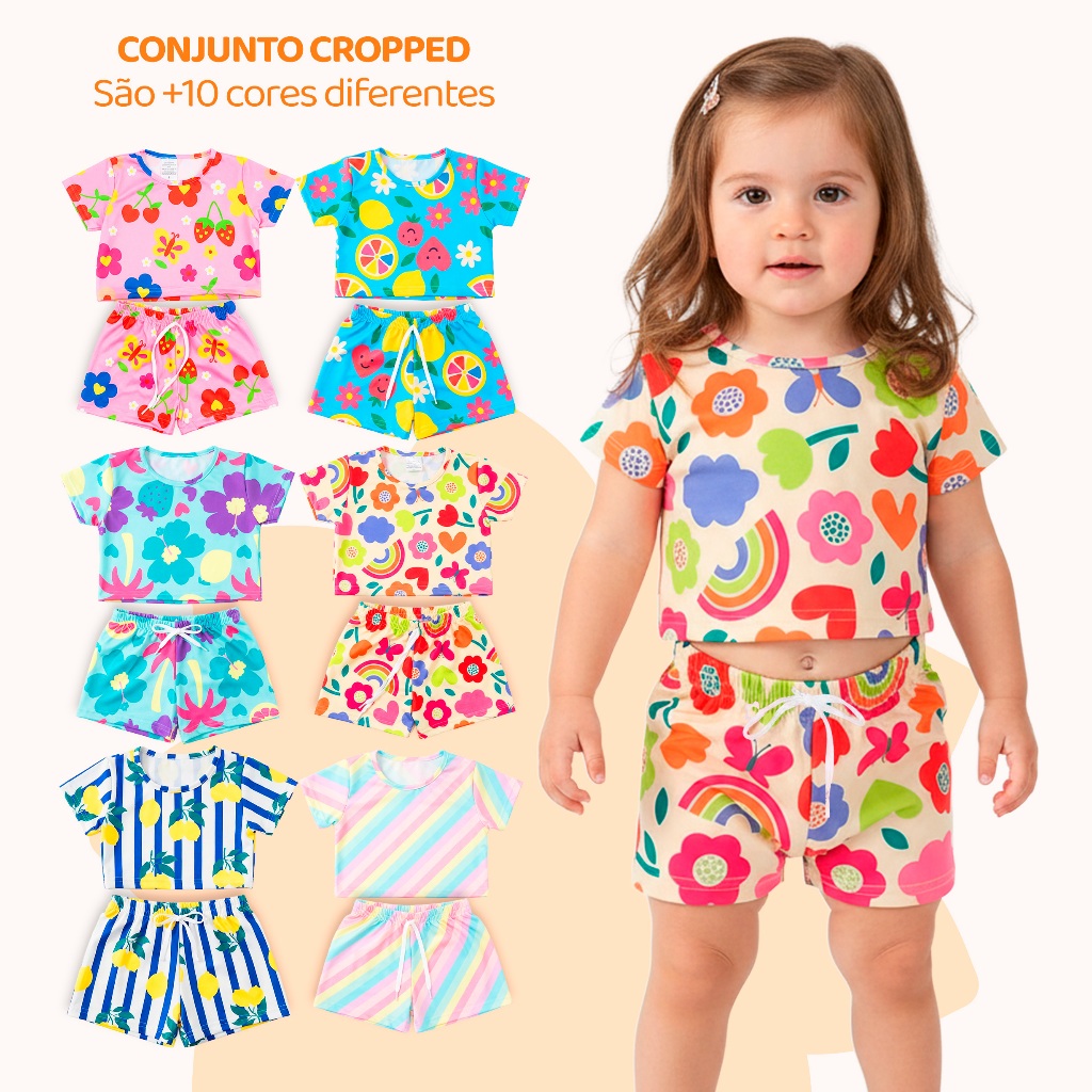 Kit 6 Peças de Conjunto Cropped Bebê Menina Moda Praia Verão Roupa para Bebê Feminina de Calor em Oferta na Shopee