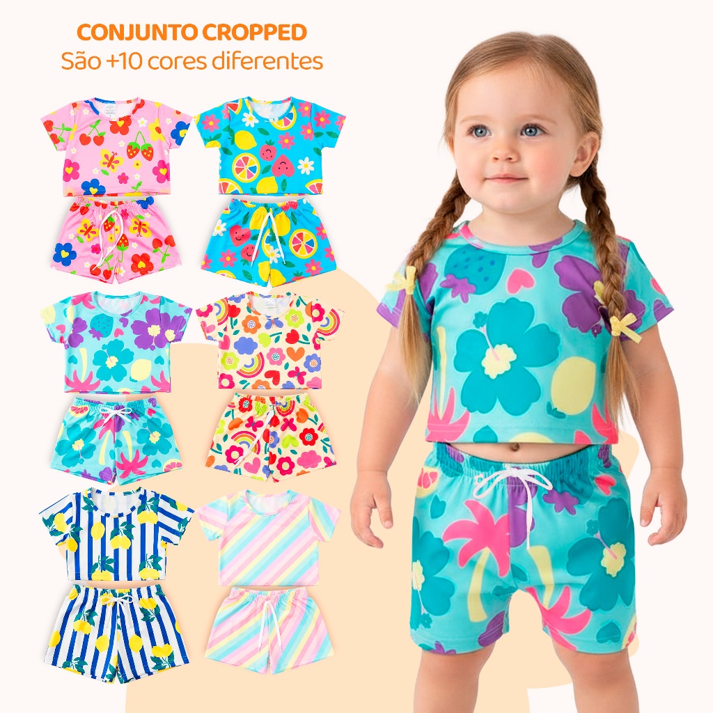 Kit 4 Peças de Conjunto Cropped Bebê Menina Moda Praia Verão Roupa para Bebê Feminina de Calor em Oferta na Shopee