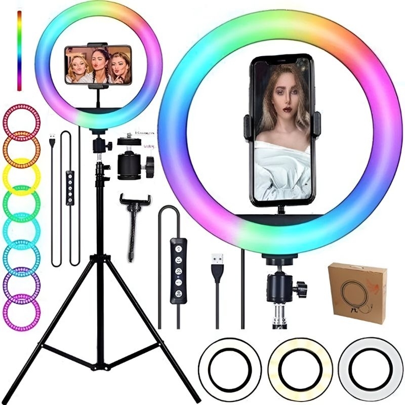 kit anel de luz iluminação profissional para fotos fotografia selfie ring light rgb + tripé 2m e suporte de telefone