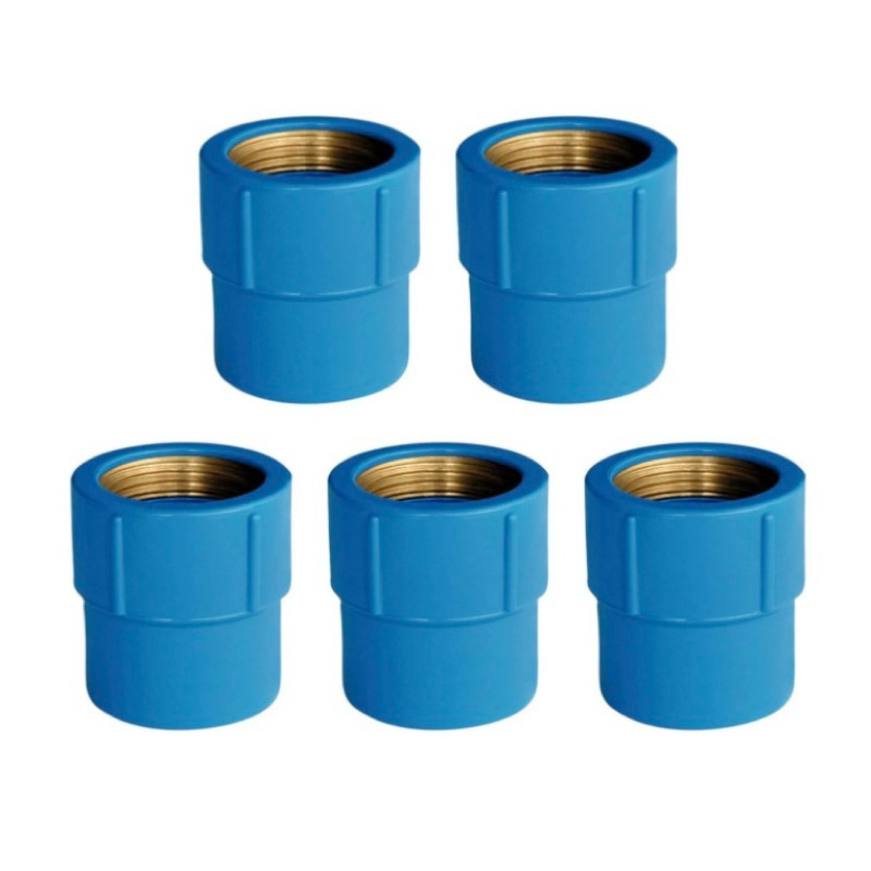Kit com 5 Luva AZUL PVC 3/4 x 3/4 ou 3/4 x 1/2 Conexão Soldável com Rosca de Metal Rosqueável Roscável Latão Cola