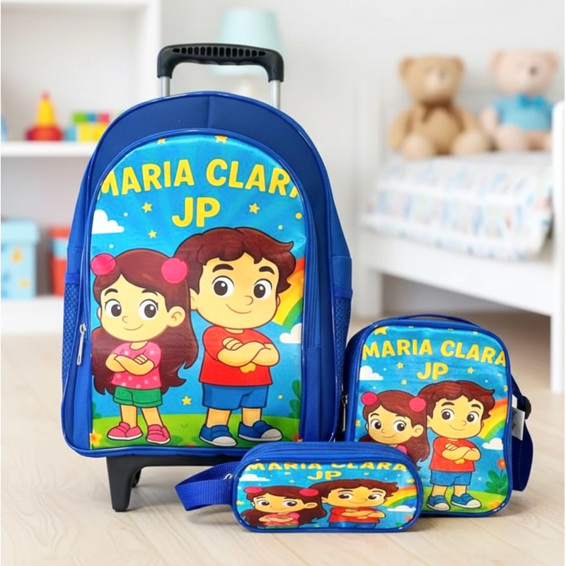 Mochila Rodinhas Maria Clara e JP Lancheira Estojo kit Escolar Cores