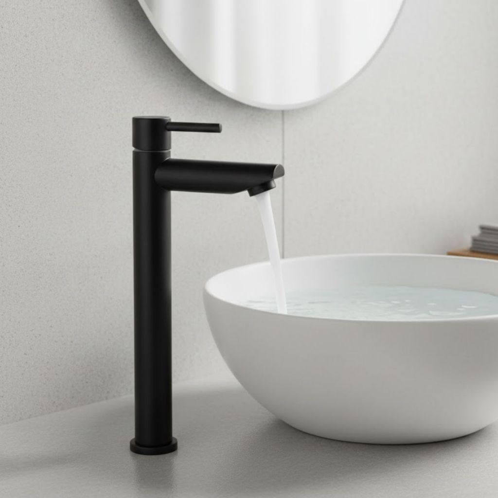 Torneira Alta Banheiro Lavatório Bancada Bica Reta Preta Cuba Sobrepor Metal Aço Inox Moderna