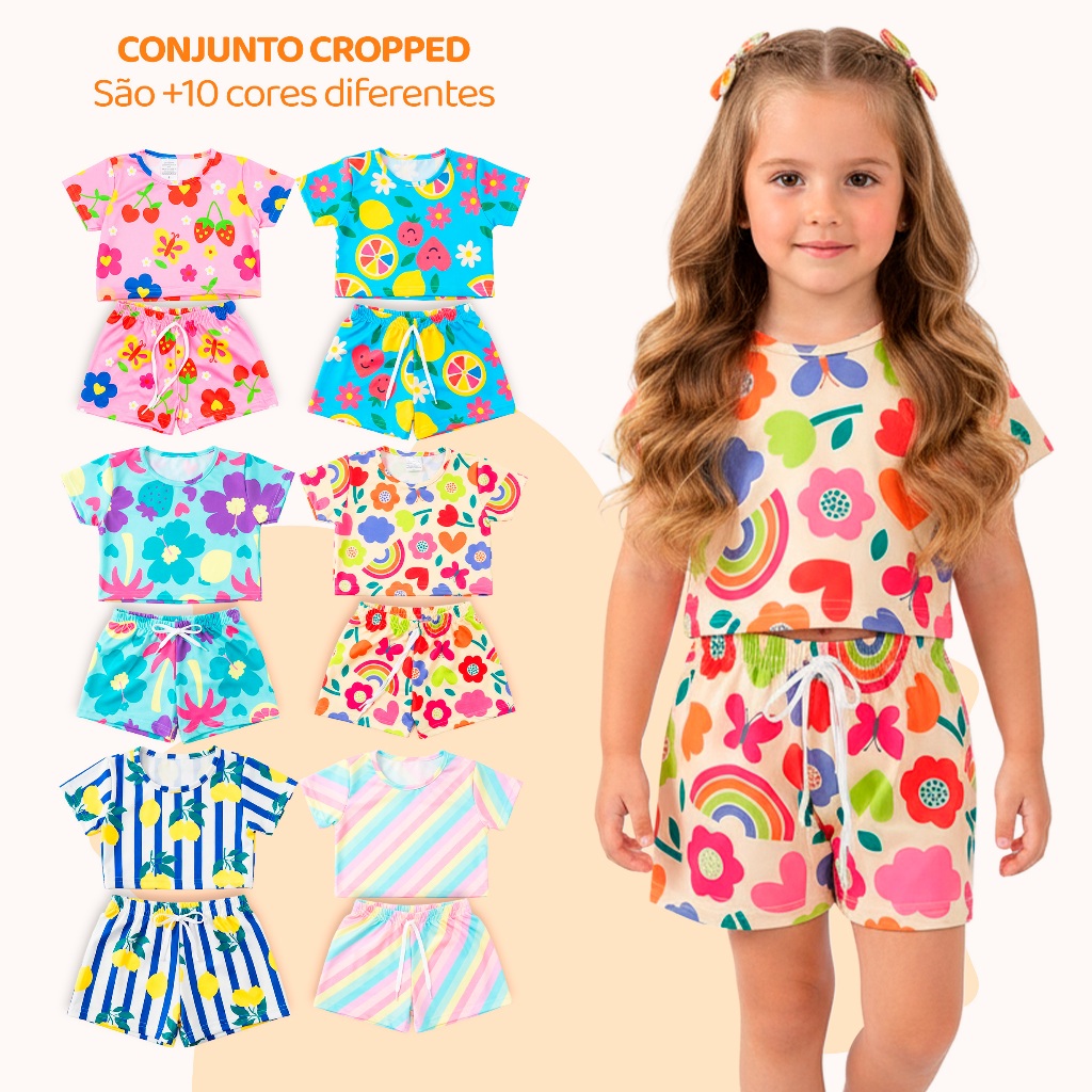 Kit 4 Peças de Conjunto Cropped Infantil Menina Moda Praia Verão Roupa Infantil Feminina de Calor Conjunto Verão Menina
