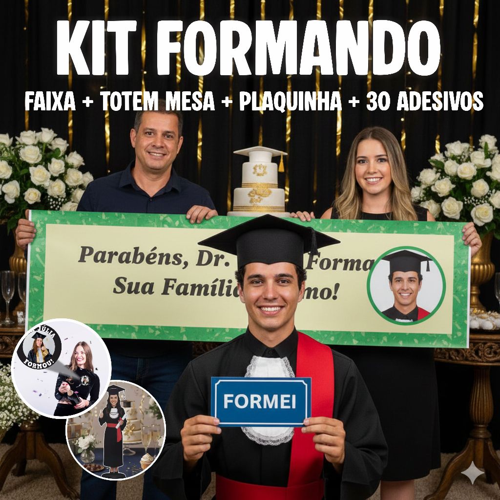 Kit formando Personalizado - Faixa+Totem de Mesa+Plaquinha+30Adesivos