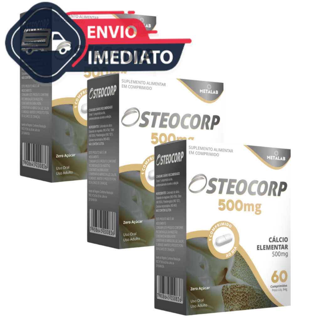 KIT 3 OSTEOCORP 60CP CARBONATO DE CÁLCIO 500G CALCIO ELEMENTAR