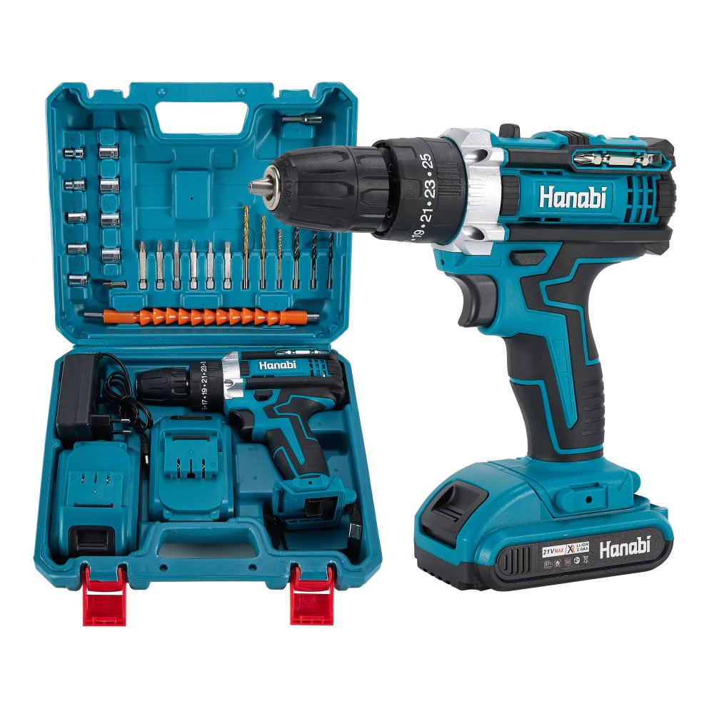 Kit Parafusadeira Furadeira De Impacto 28 Peças 35Nm Torque 21V Profissional Hanabi 2 Baterias com Maleta em Oferta na Shopee