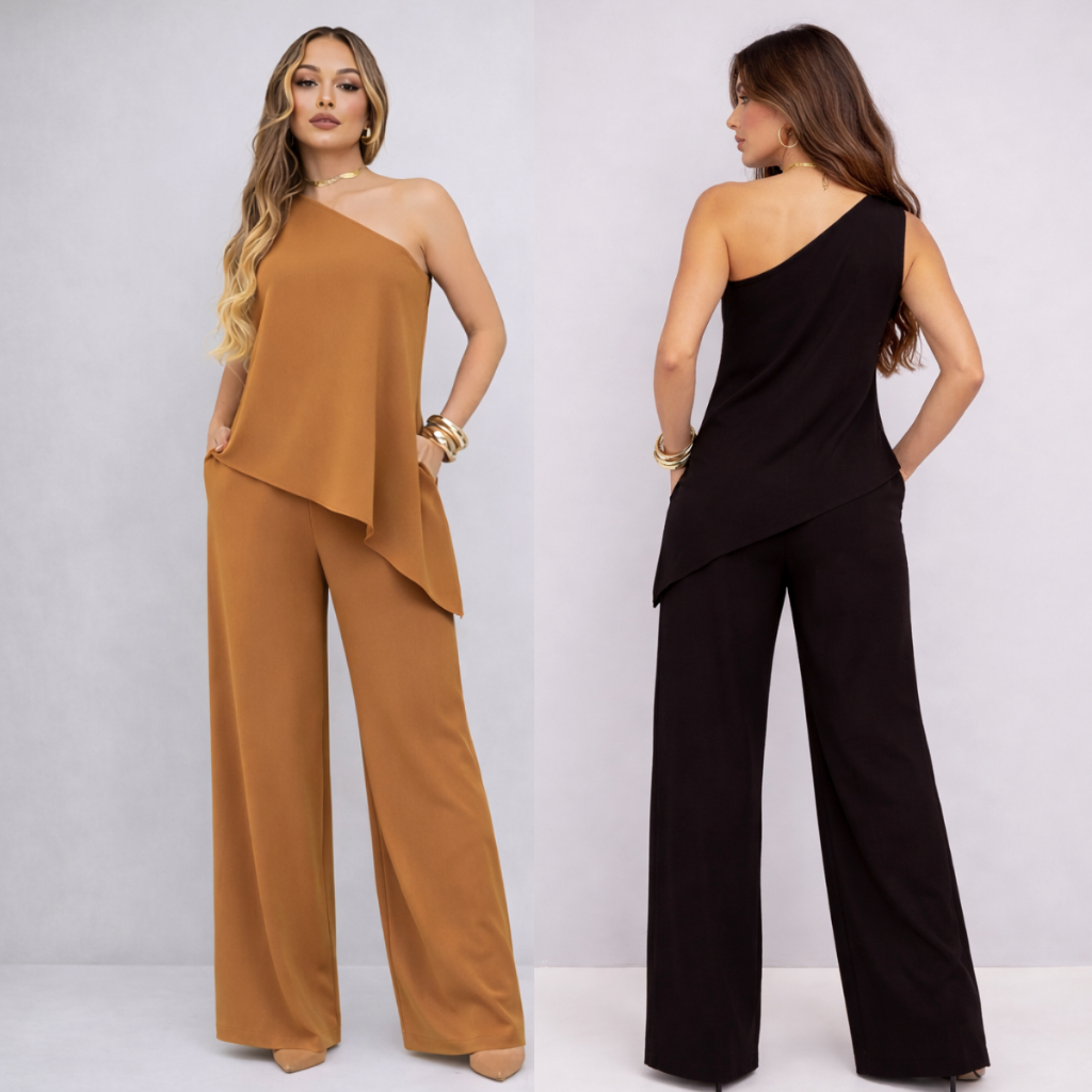 Conjunto Feminino Uma Alça Social Nula Manga Duna Elegante Blusa Assimétrico Mula Manca Calça Pantalona Moda Mulher em Oferta na Shopee