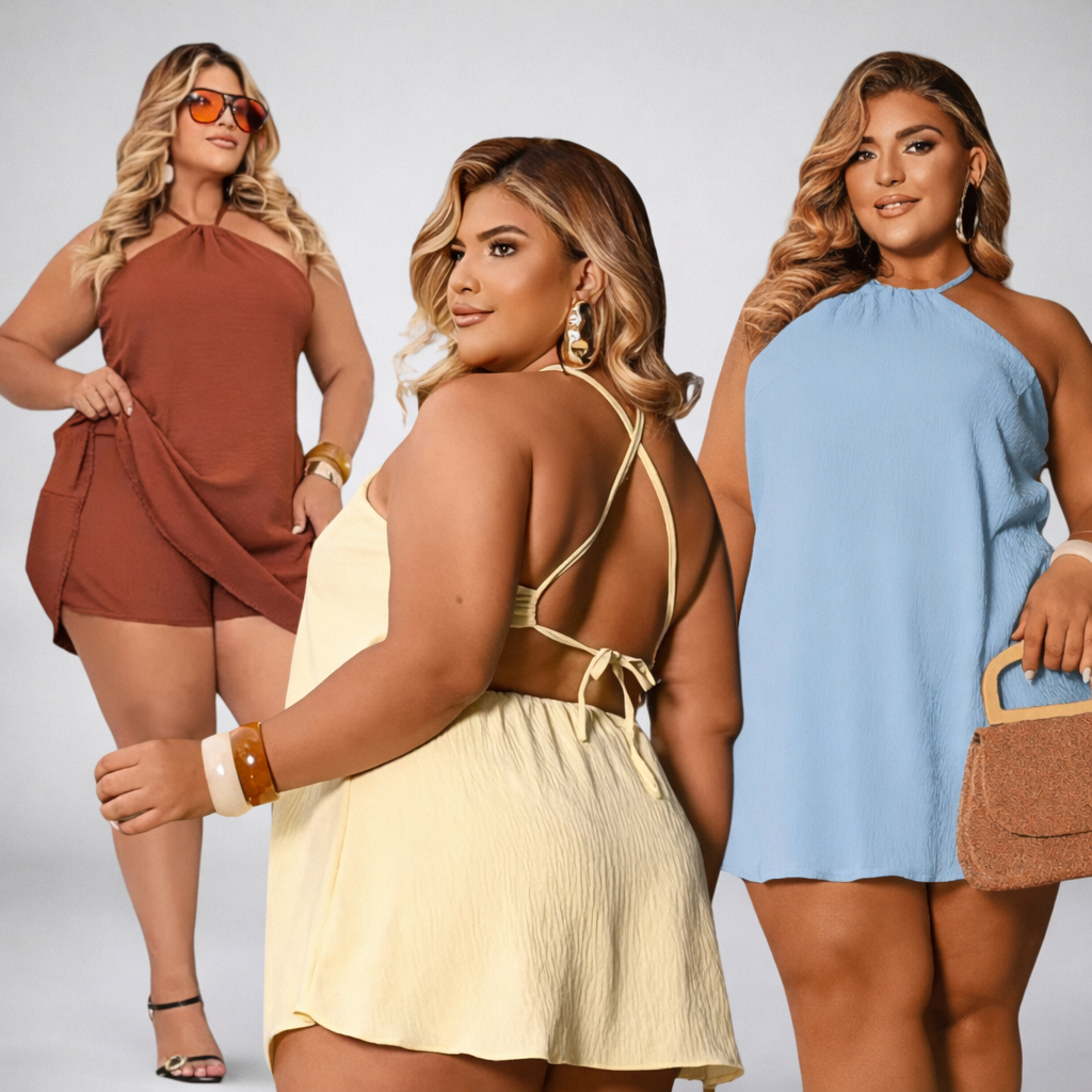 Macaquinho Mila Feminino Short Saia Plus Size Rodado Soltinho Amarração nas Costas Chique Candy Color Moda Mulher Verão