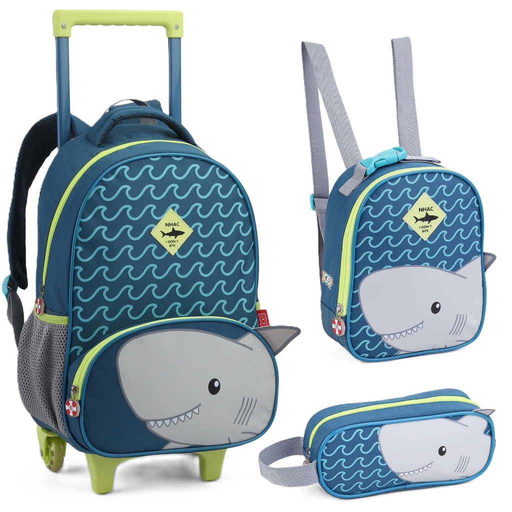 Kit Mochila Bolsa Escolar Infantil Creche Menino Tubarão Bichinhos Animais com Rodinha Lancheira Estojo Seanite KT43175