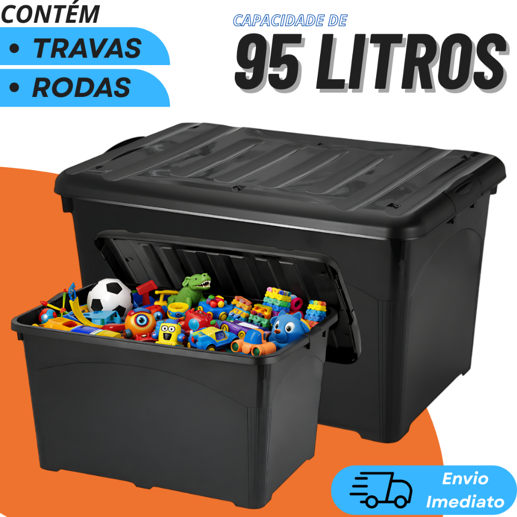 Caixa Organizadora Reforçada de Plástico com Travas e Rodinhas para Armazenagem e Organização- 95 / 65 Litros Litros