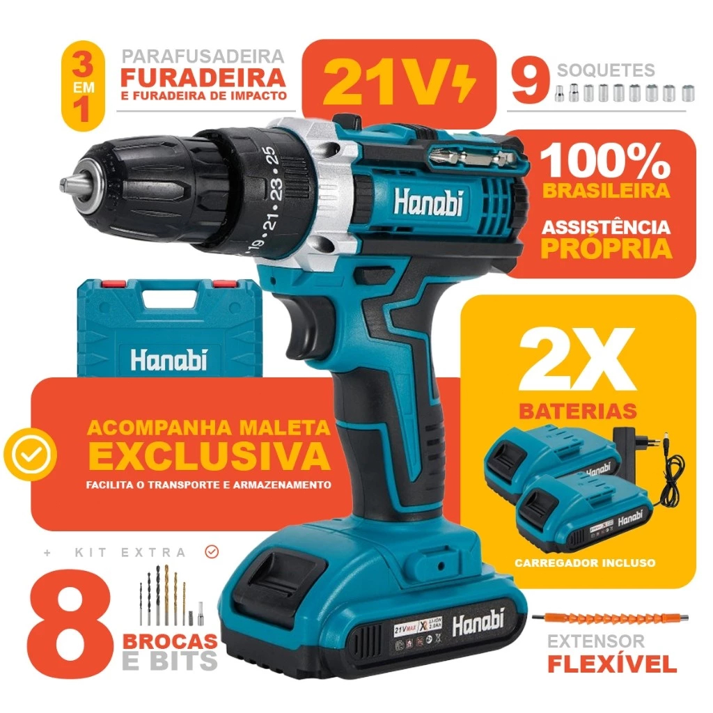 Hanabi Parafusadeira Furadeira 35Nm Profissional 28 Itens com 2 Baterias 4.000mAh em Oferta na Shopee