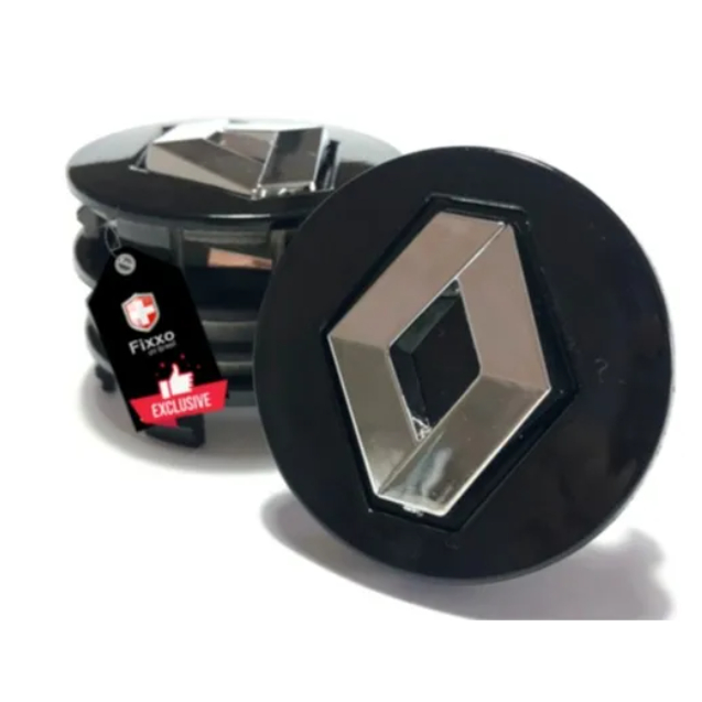 Kit 4 Calotinha Centro Miolo Tampa Roda Renault Preto 55mm Preto C/ Cromado