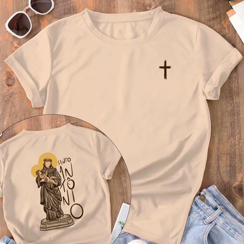 Camiseta Tradicional Religiosa Jesus Santo Antônio Igreja Cátolica Camisa Unissex 100% Algodão
