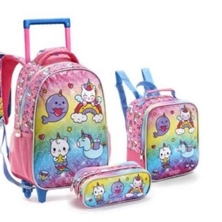 Kit Mochila Escolar 3pçs Infantil Menina Arco Iris unicórnio sorvetinho fofo ice cream Lancheira Térmica +Estojo- Denlex