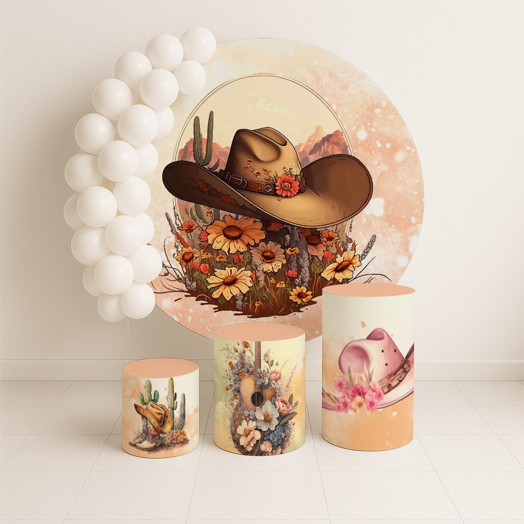 Painel Redondo + Trio De Capas Chapeu Cowgirl Floral REF 133
