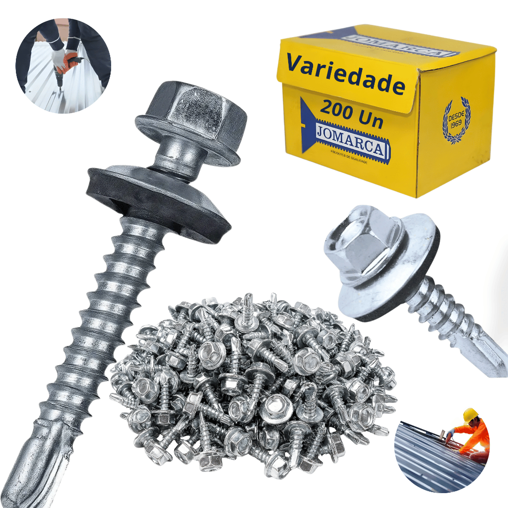 200 Parafusos Jomarca Telha Autobrocante 12x1, 12x3/4 e 12x1.1/2 Sextavado Com Arruela Vedação Telhado em Oferta na Shopee