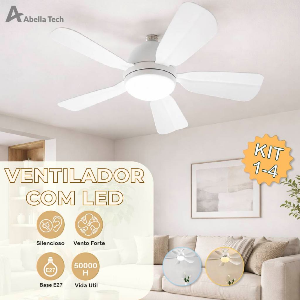 Ventilador de Teto PRO 60W ou 40W Super LED Lâmpada E27 Controle Remoto Luminária Economica de Energia 6 lâminas Bivolt