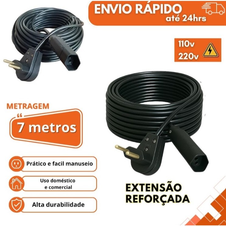 Extensão Eletrica 7 Metros Reforçada 10/20a Obra Profissional Cor Preto MS Eletro Eletrônica