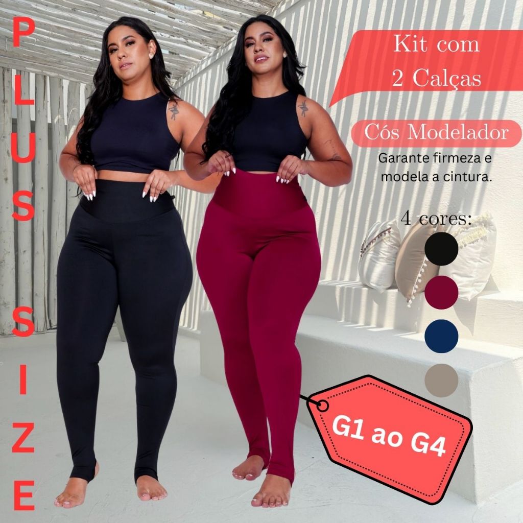 Kit Com 2 Calças Modeladora Plus Size Cós Super Alto Em Suplex Fitness Treino Academia e dia a dia