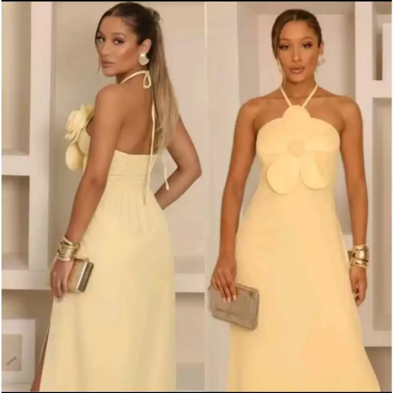 Vestido Midi Longo Elegante Detalhe de Flor no Busto Festa Moda Evangélica/Executiva Alfaiataria Chic com FendaVestido