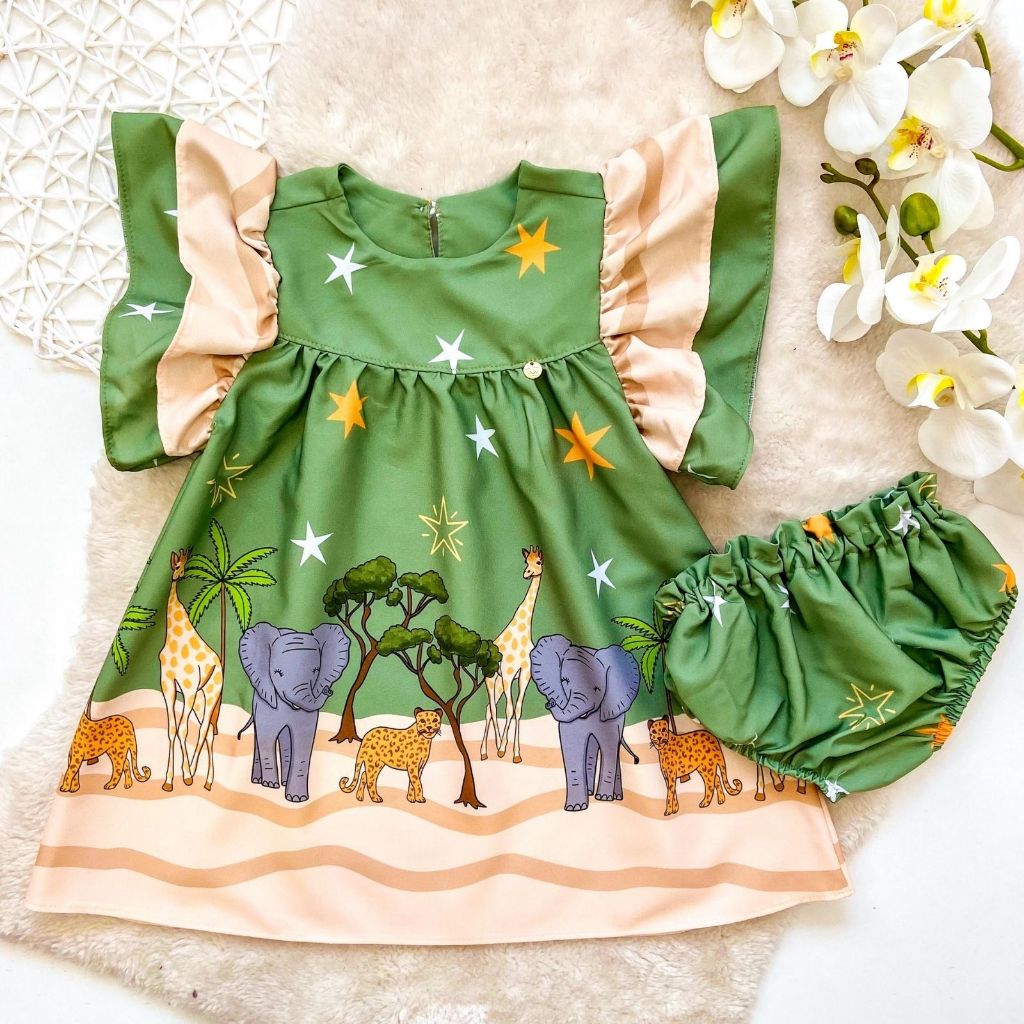 kit Conjunto Vestido Infantil Calcinha Tapa Fralda Menina Bebê Estampado Colorido Feminino