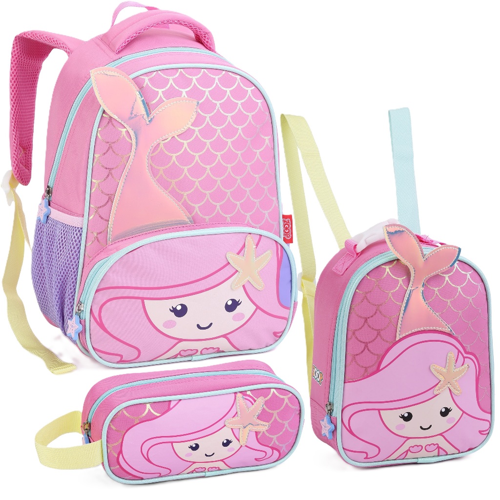 Kit Mochila Bolsa Escolar Infantil Creche Sereia Tubarão Baleia Bichinhos Pinguim com Lancheira Estojo Seanite KT43173