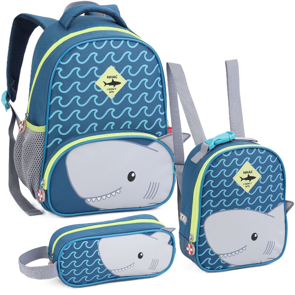 Kit Mochila Bolsa Escolar Infantil Creche Menino Tubarão Pinguim Bichinhos Animais com Lancheira Estojo Seanite KT43173