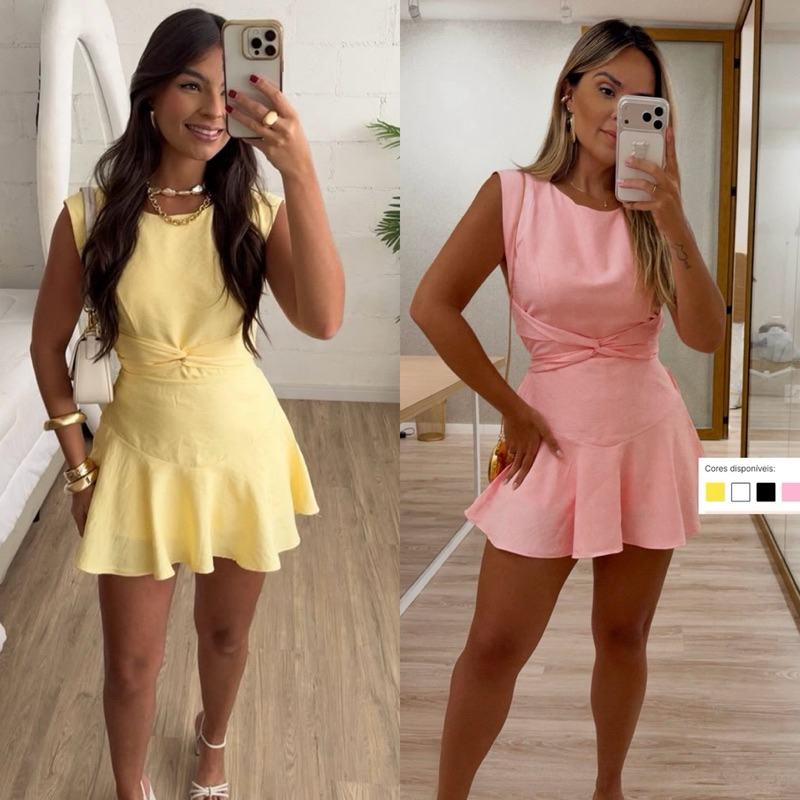 Vestido macaquinho feminino curto regata babado na saia com amarração em Oferta na Shopee