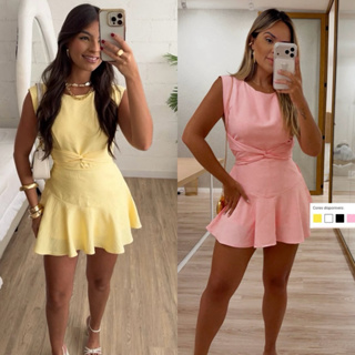 Vestido macaquinho feminino curto regata babado na saia com amarração em Oferta na Shopee
