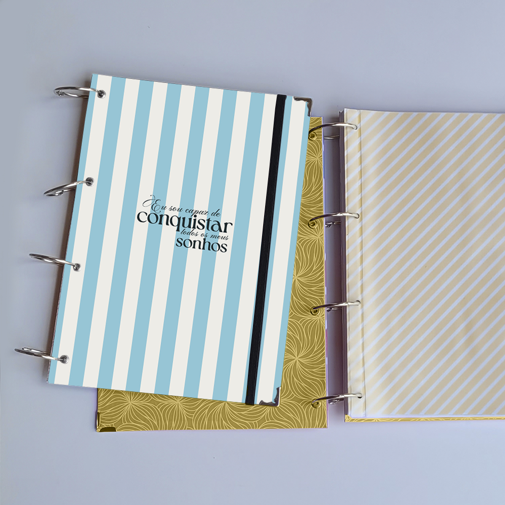 Caderno Argolado Listrado Azul (Argolas Articuladas) Universitário Colegial A5 Tipo Fichário Escolar