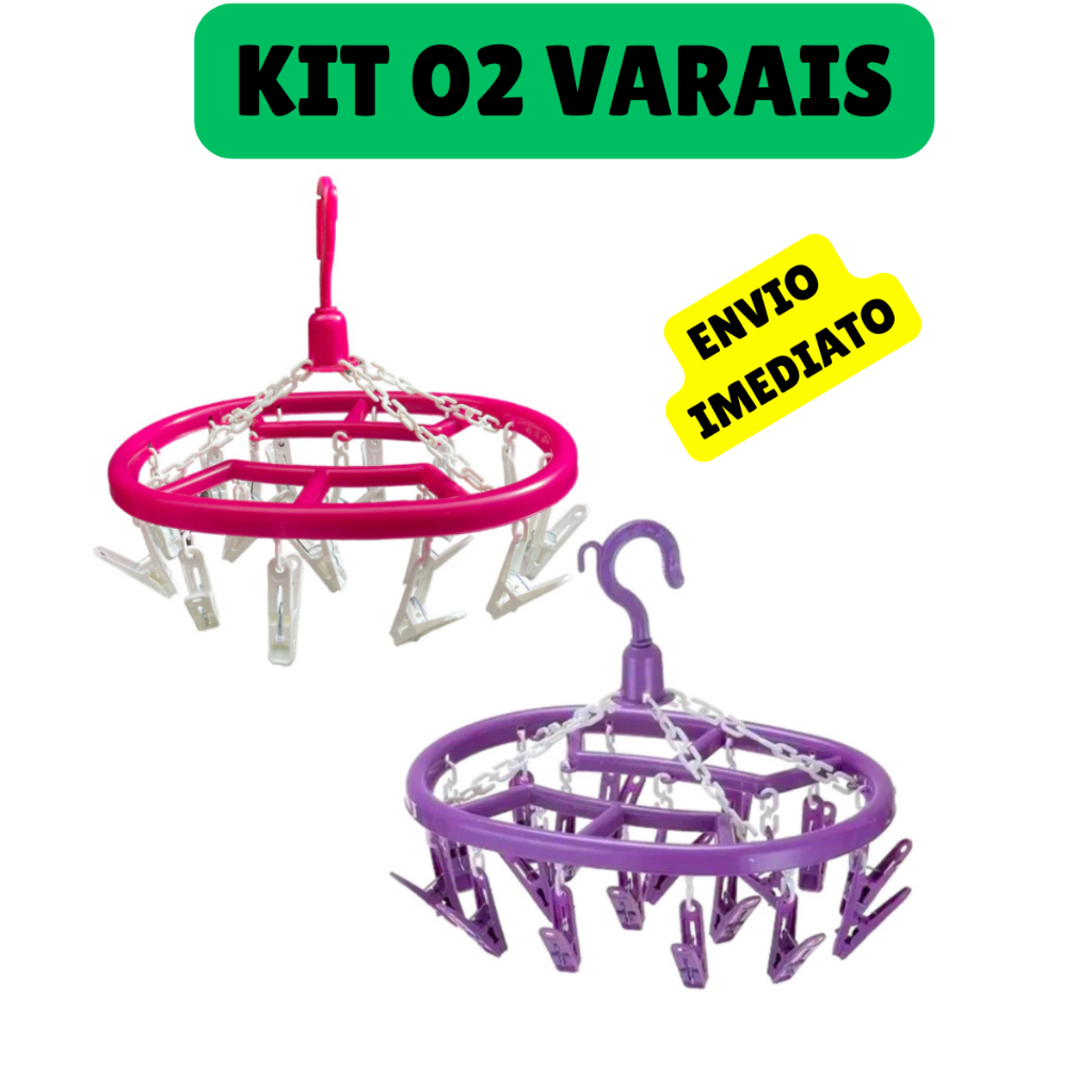KIT com 2 Varal Compacto Roupa Íntima Multiuso Com 18 Prendedores Lavanderia