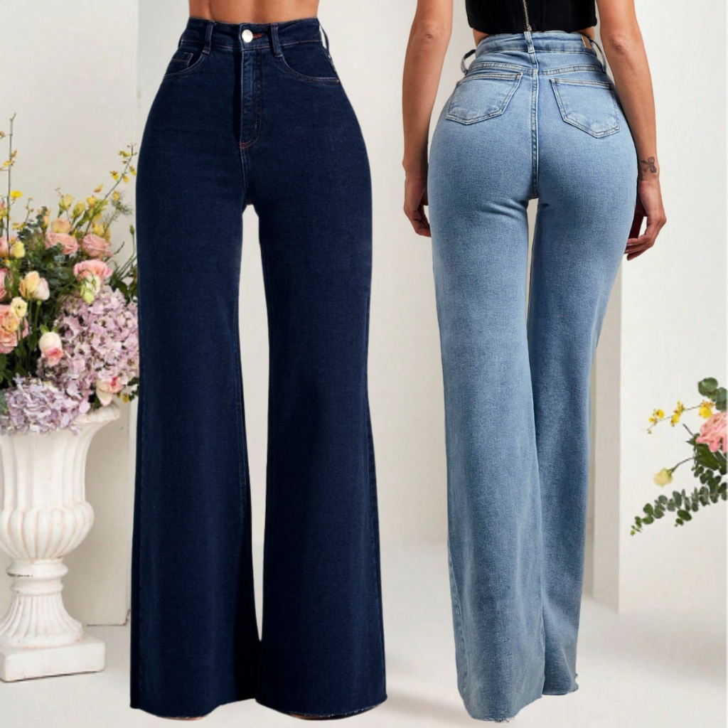 Calça Jeans Feminina Wide Leg Cintura Alta Pamtalona em Oferta na Shopee