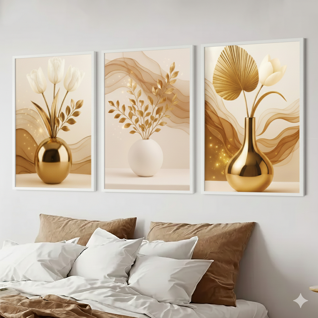 Trio Quadro Decorativo 50x70 Moldura Grande Sala Vaso Dourado