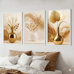 Trio Quadro Decorativo 50x70 Moldura Grande Sala Vaso Dourado