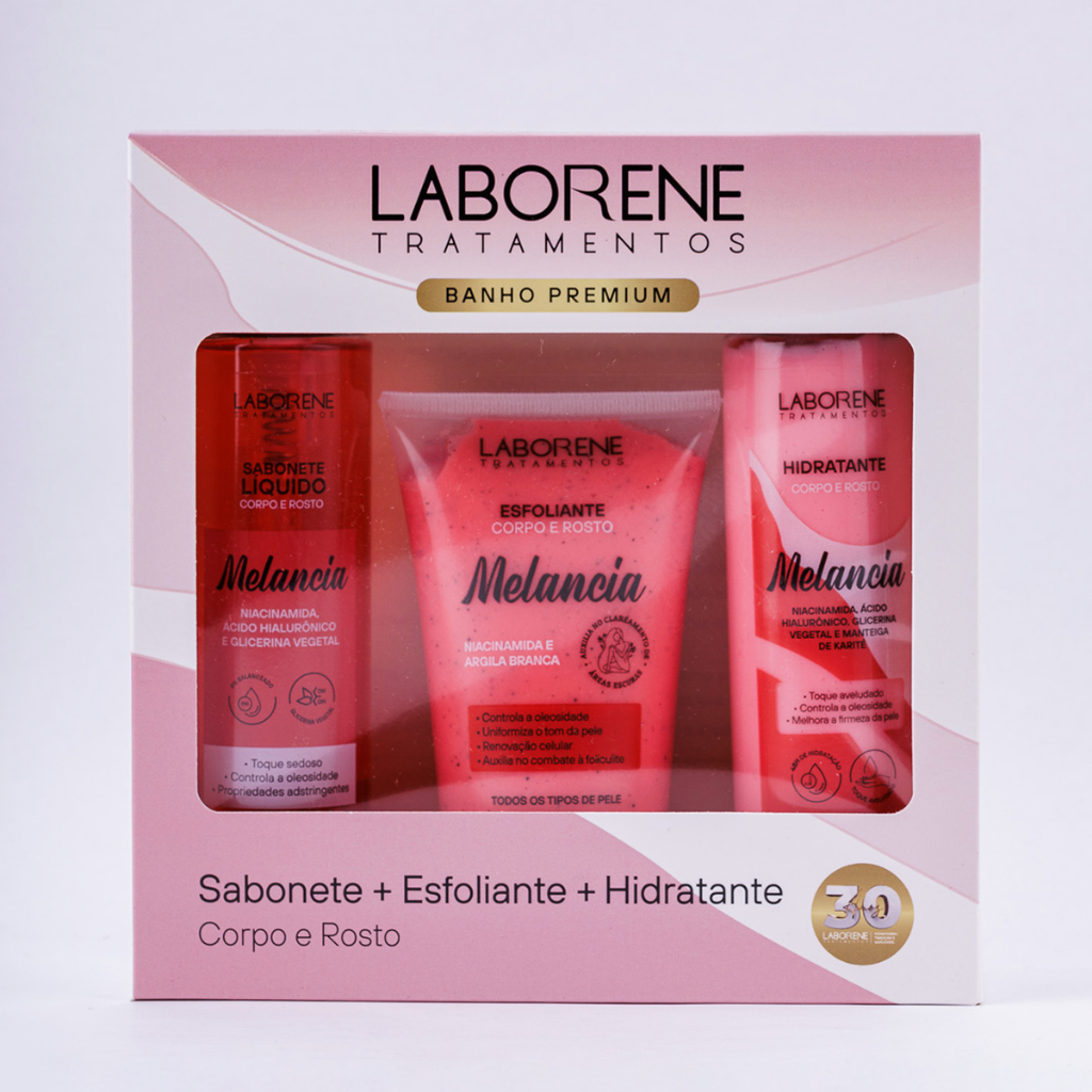 Kit Banho Premium Corpo e Rosto Sabonete Liquido 200ml, Esfoliante 170g e Hidratante 200ml - Laborene