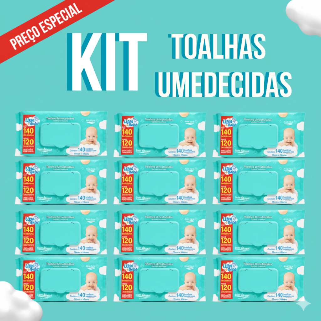 Kit Pacotes Lenços Toalhas Umedecidas Upa Bebê 140 Folha Sem Aroma Tampa Flip Top