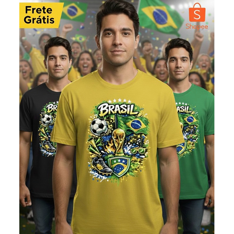 Camiseta Brasil Seleção Brasileira Copa do Mundo Verde Amarela Torcida Futebol Mundial Estampa Exclusiva Unissex Algodão