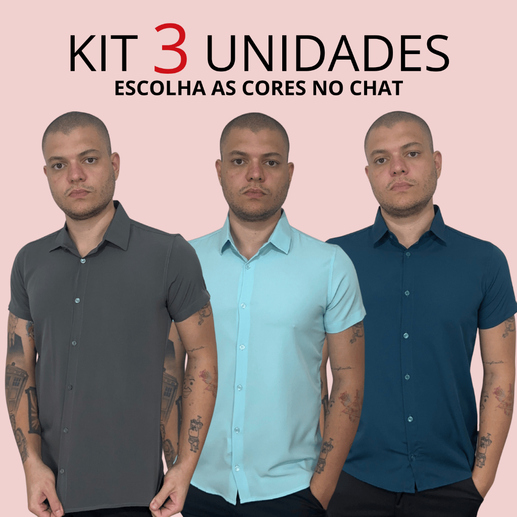 Kit 3 Camisa Social Masculino Manga Curta Slim Lisa Camisa Masculina Social Plus Size