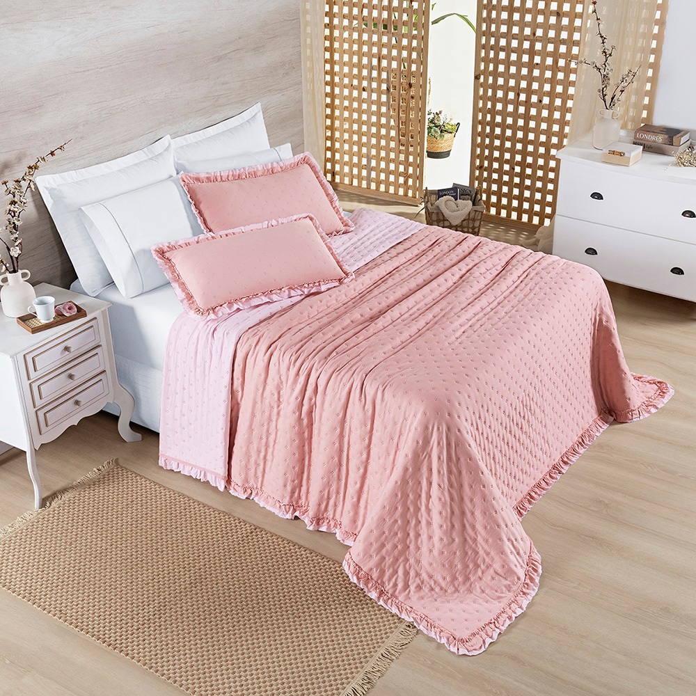 Cobre Leito 200 Fios Super Soft Dupla Face 3 Peças Babadinho Colcha Alice Casal Padrão,Queen e King