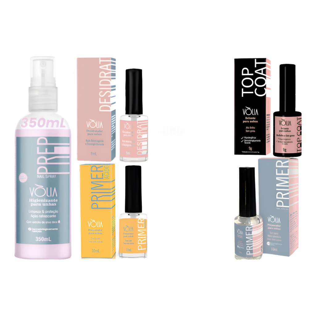 Kit Preparador Vòlia Prep 350ml Desidrat primer ácido + Primer adesivador + Top Coat Selante Vólia escolha a cor